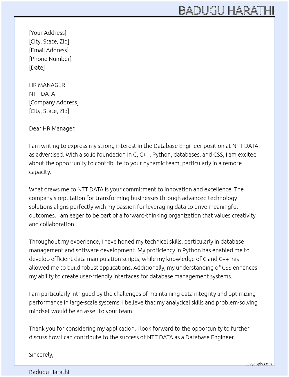 Database Engineer database At NTT DATA Cover Letter