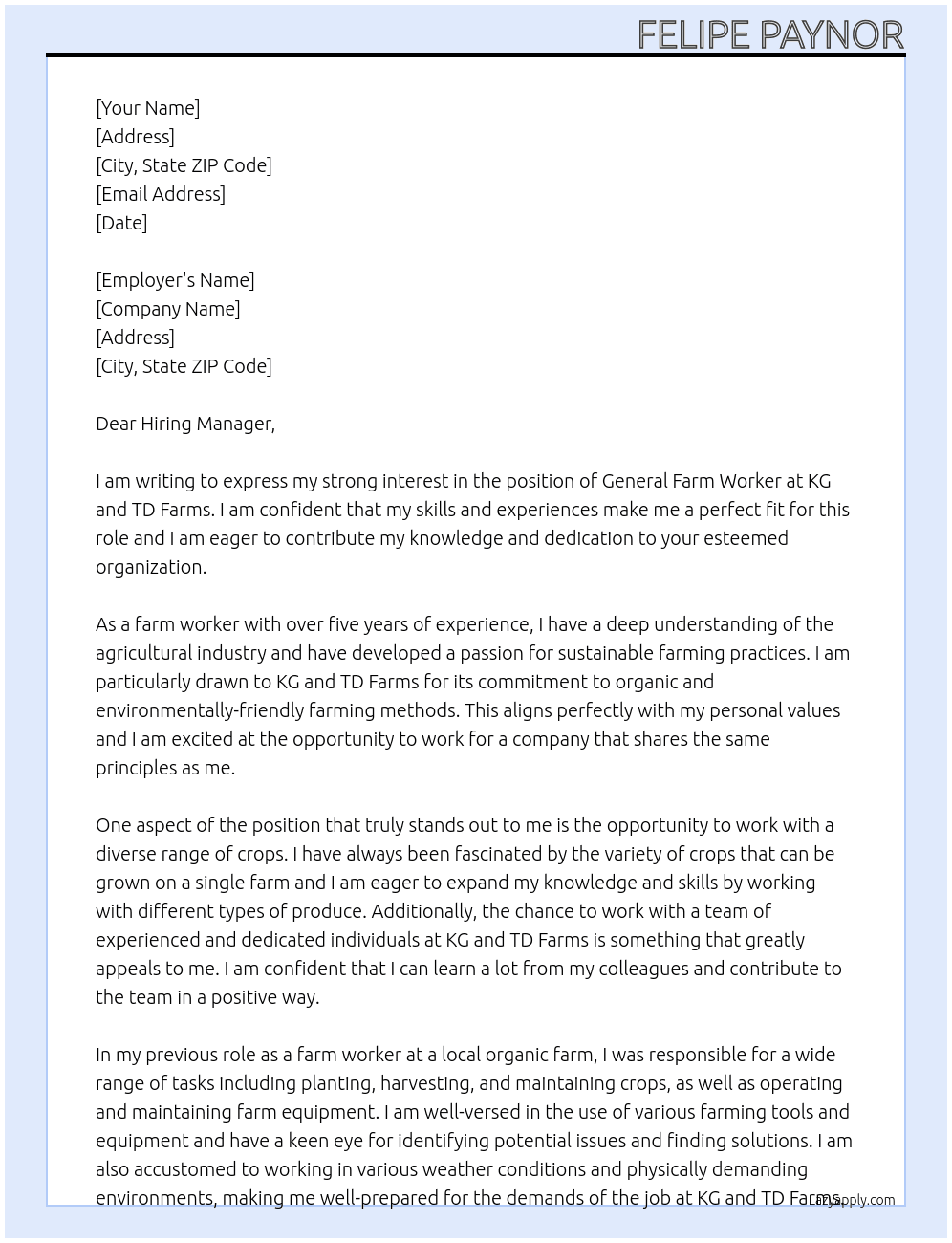 general Farm worker At KG and TD Farms Cover Letter