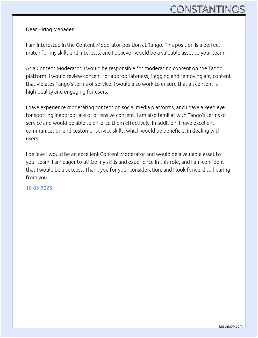 Content Moderator At Tango Cover Letter