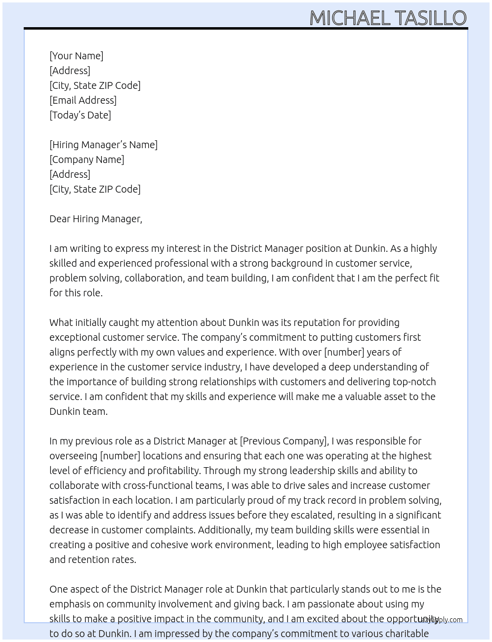 District Manager At Dunkin Cover Letter
