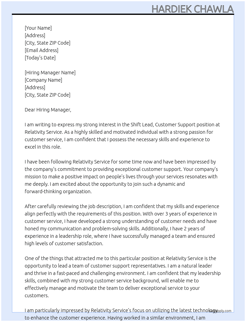 Shift Lead, Customer Support At Relativity Service  Cover Letter