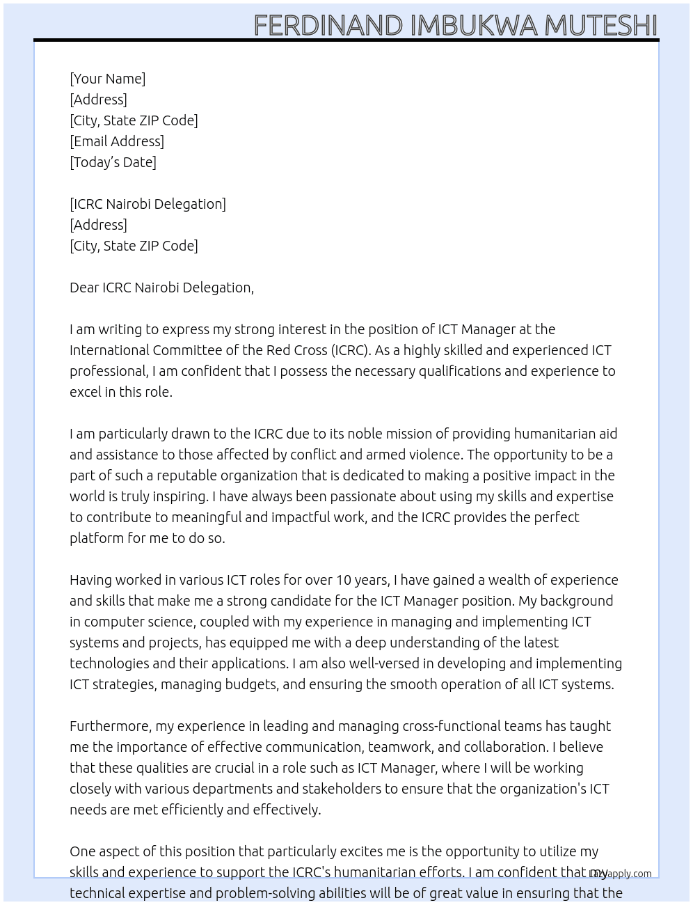 ict manager At international committee of the red cross Cover Letter