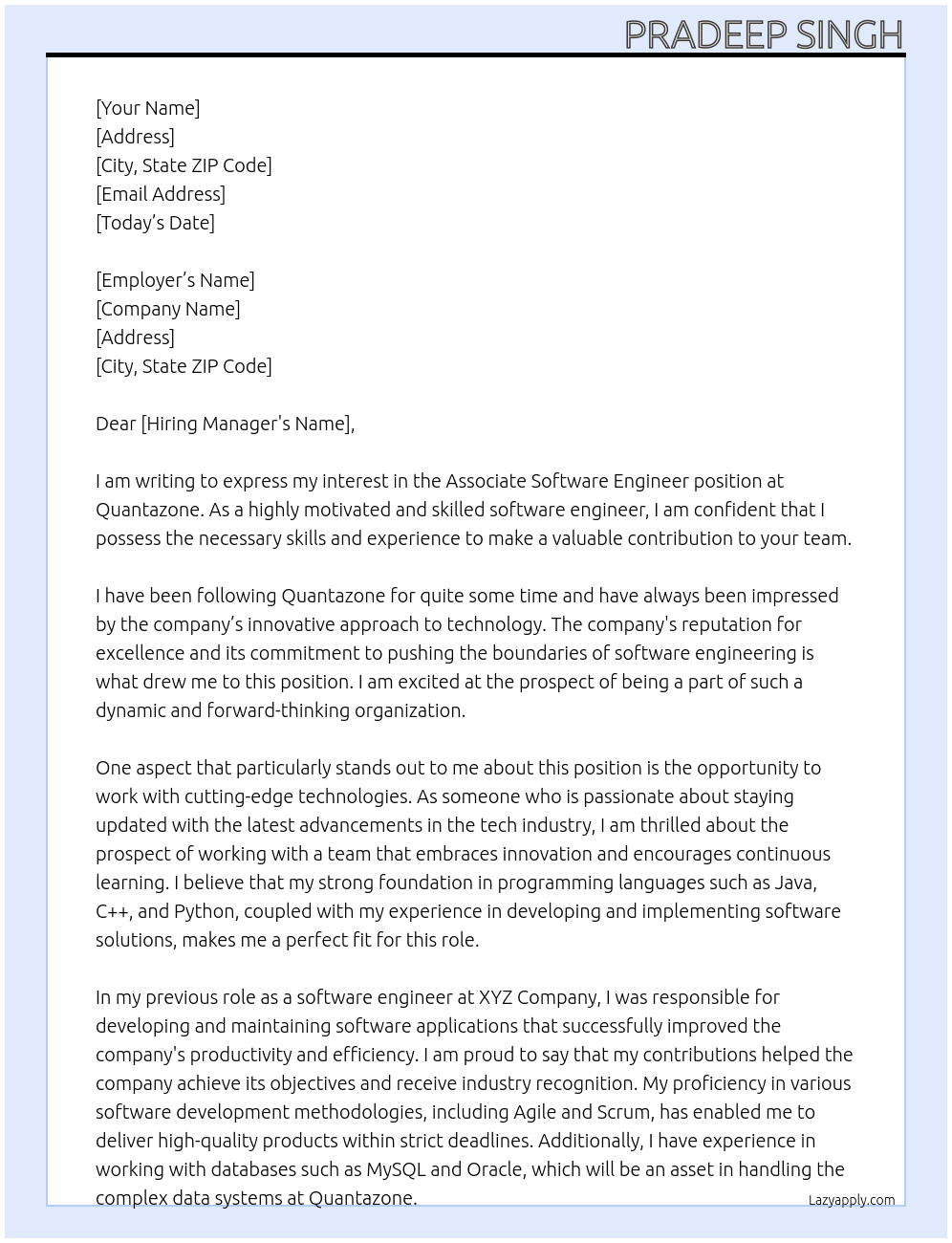 Associate Software Engineer At quantazone Cover Letter