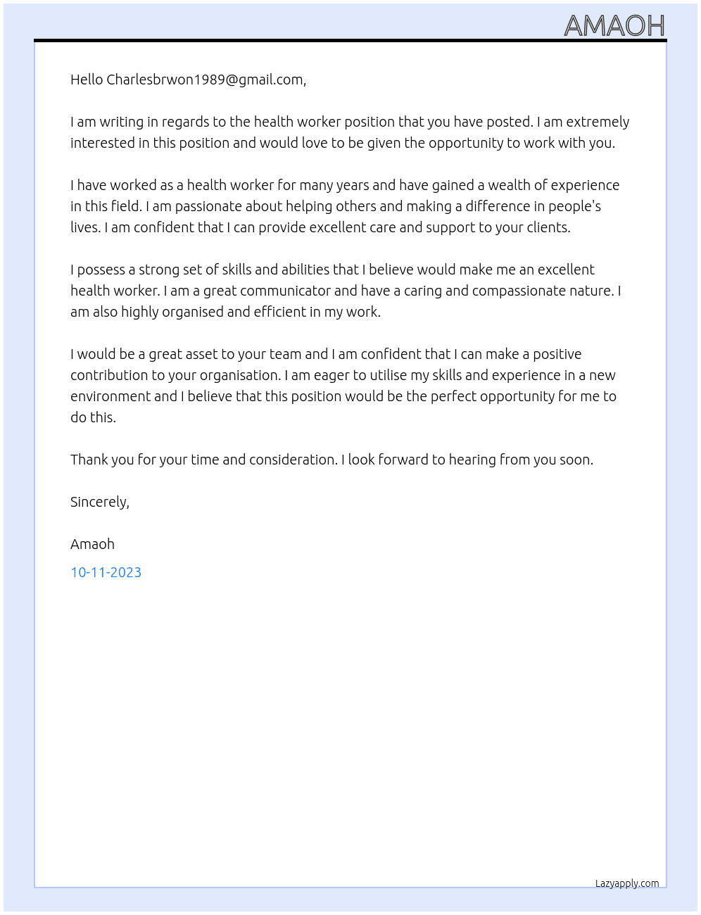 health worker At Charlesbrwon1989@gmail.com  Cover Letter