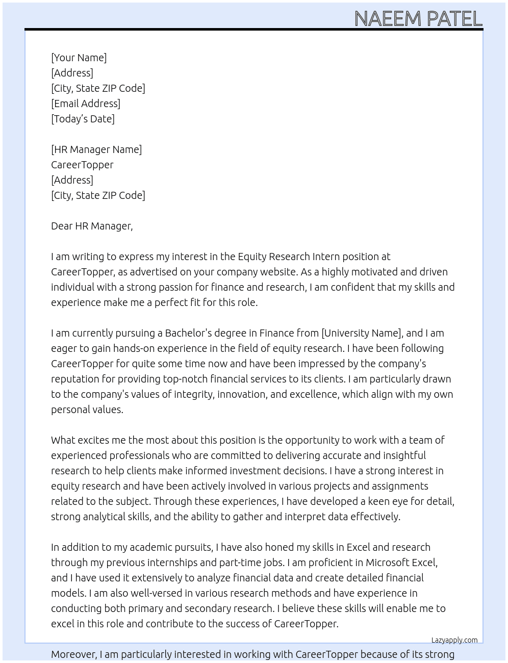 Cover letter for equity research intern - LazyApply