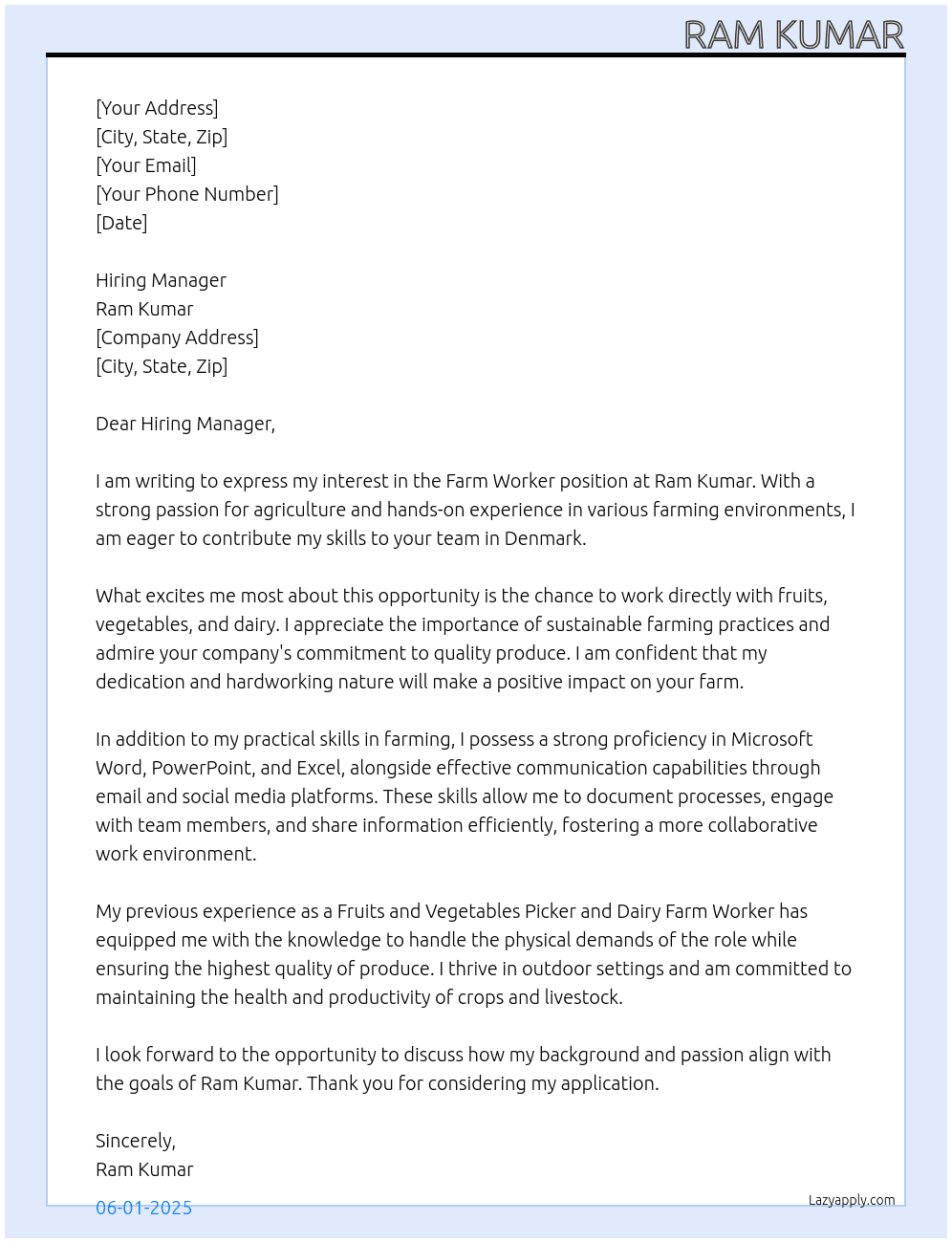 Farm Worker At Ram Kumar Cover Letter