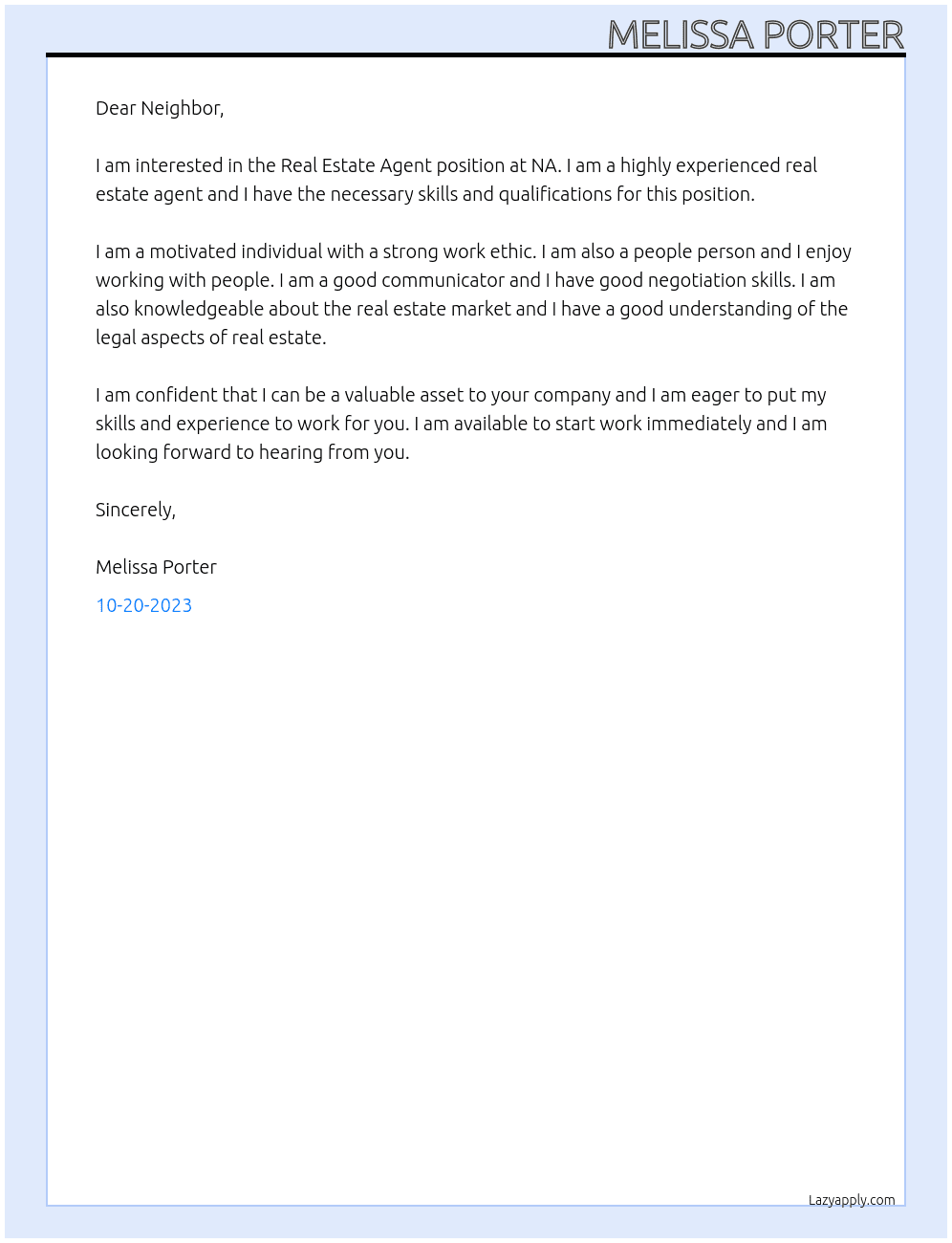 Real Estate Agent At NA Cover Letter