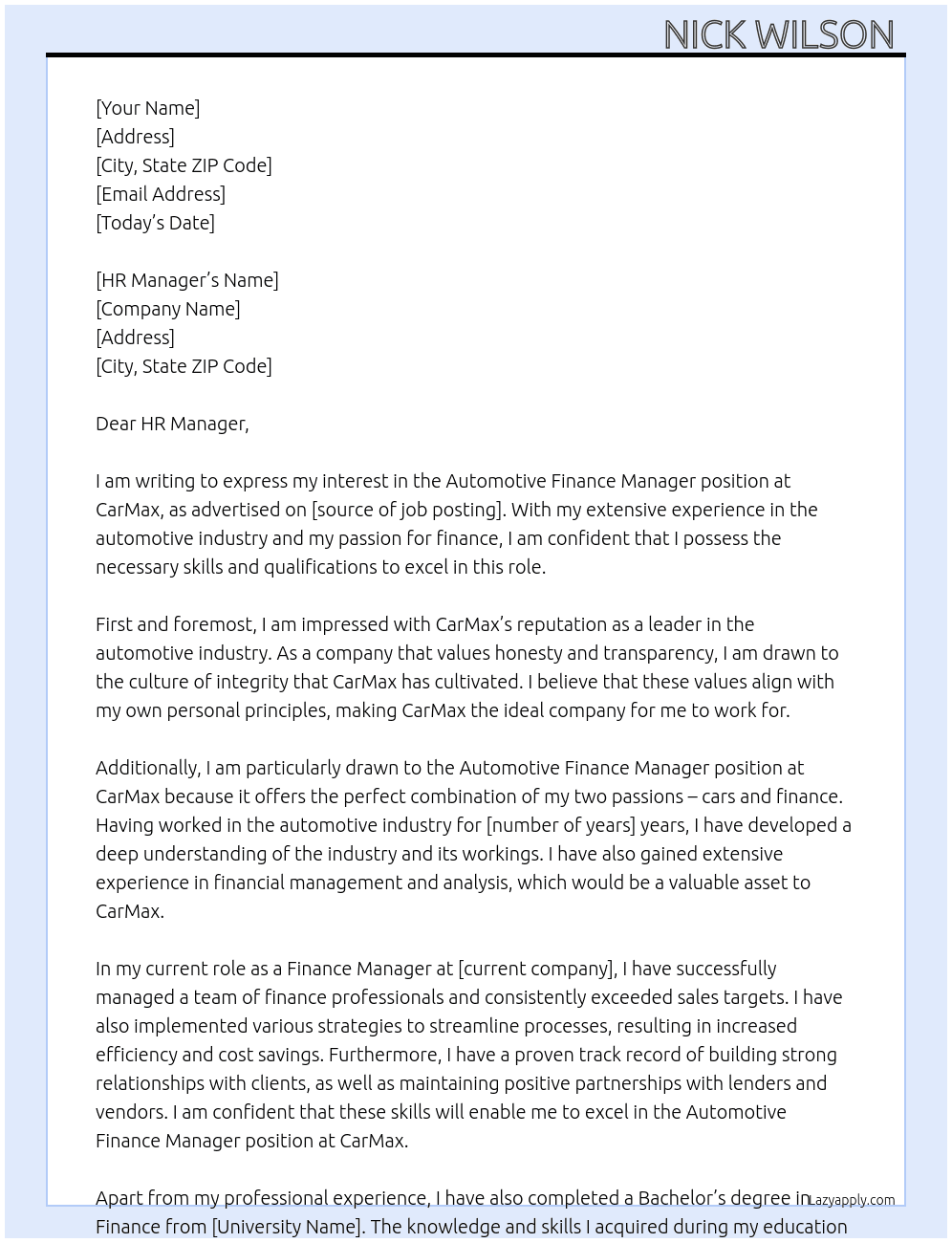 Automotive finance Manager  At CarMax Cover Letter