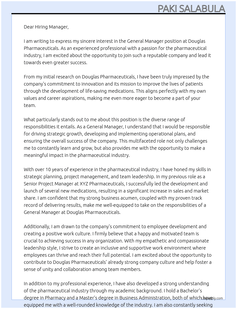 General Manager At Douglas Pharmaceuticals Cover Letter