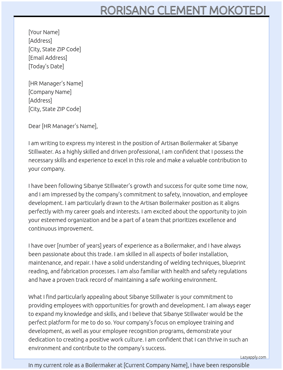 Cover letter for artisan boilermaker - LazyApply