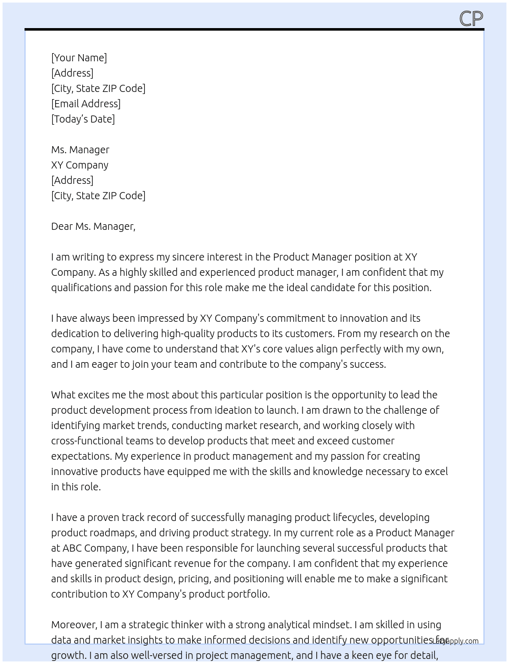 Product Manager At XY Cover Letter