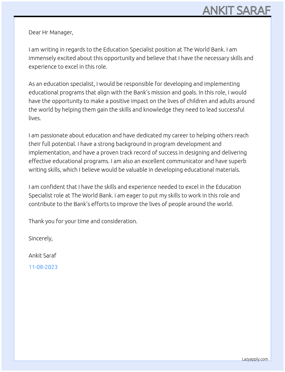 Education Specialist At The World Bank Cover Letter