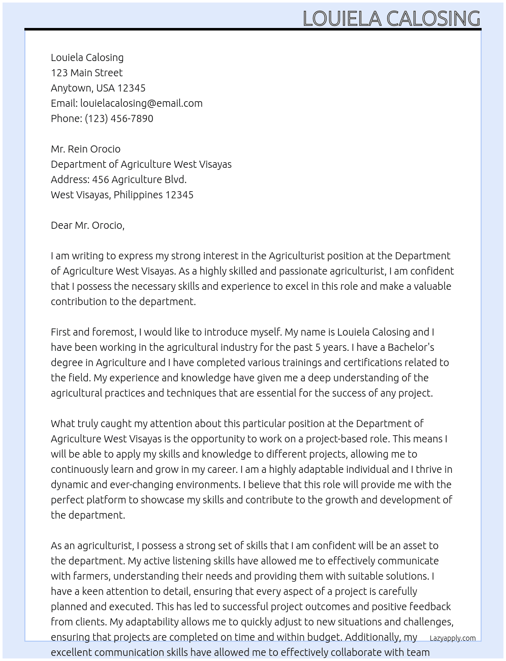 Cover letter for agriculturist - LazyApply