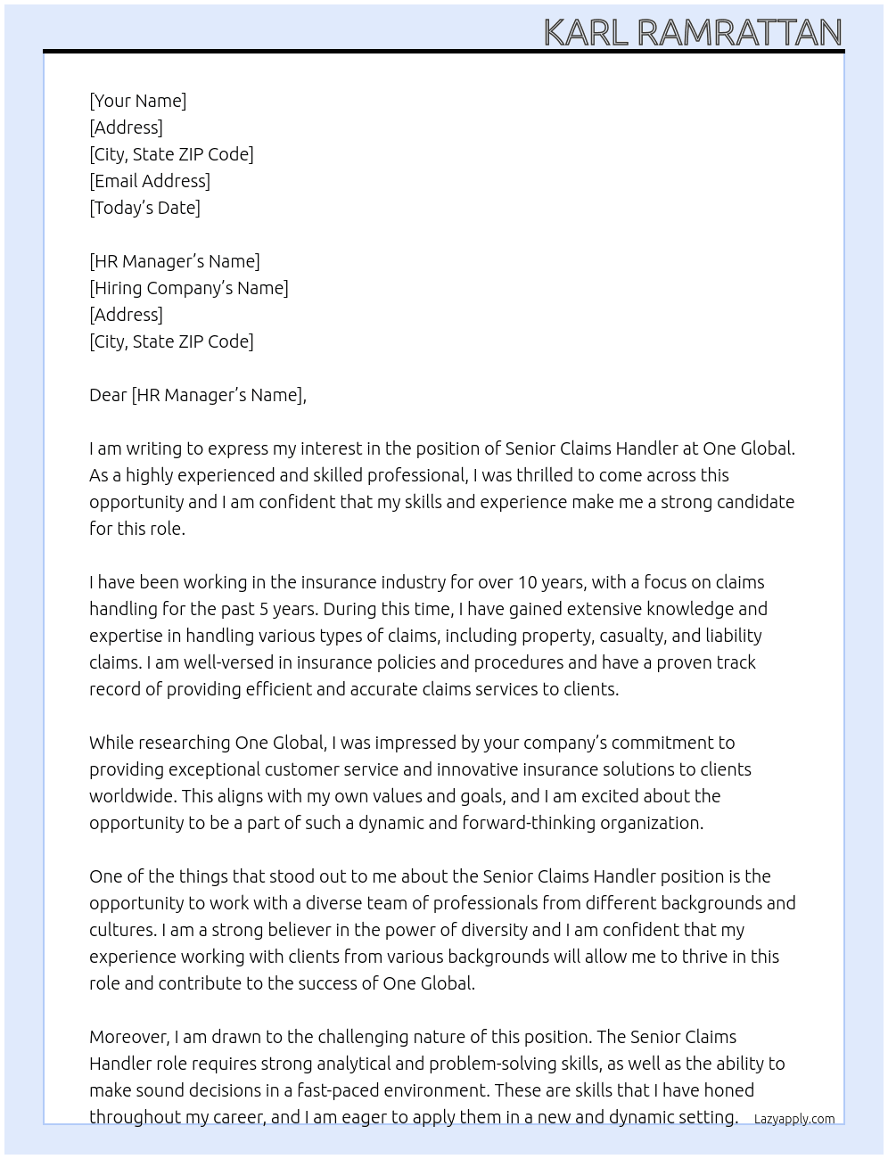 Cover letter for senior claims handler - LazyApply