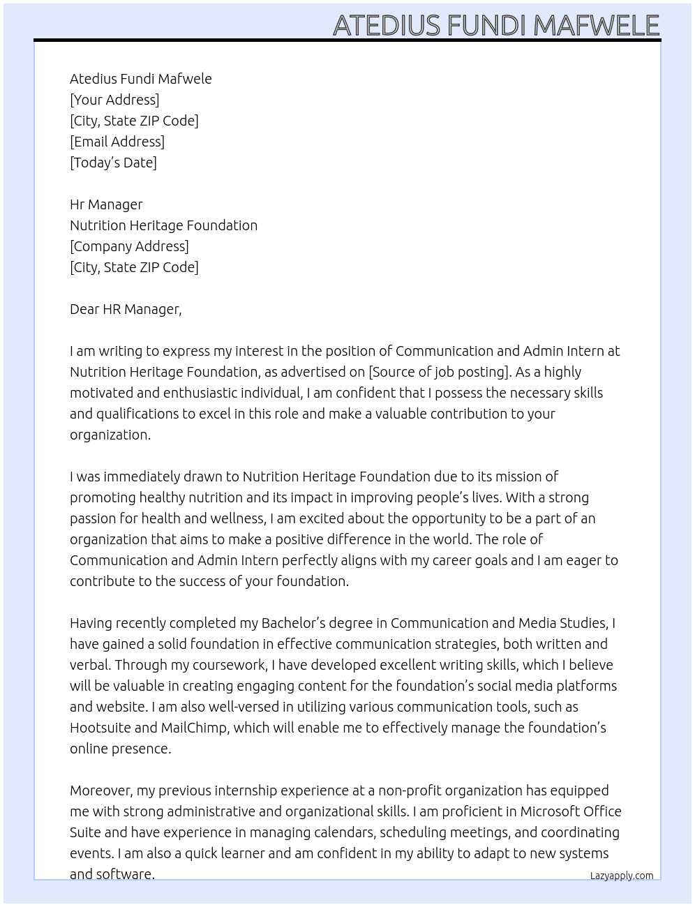 Communication and admin intern At Nutrition heritage foundation Cover Letter