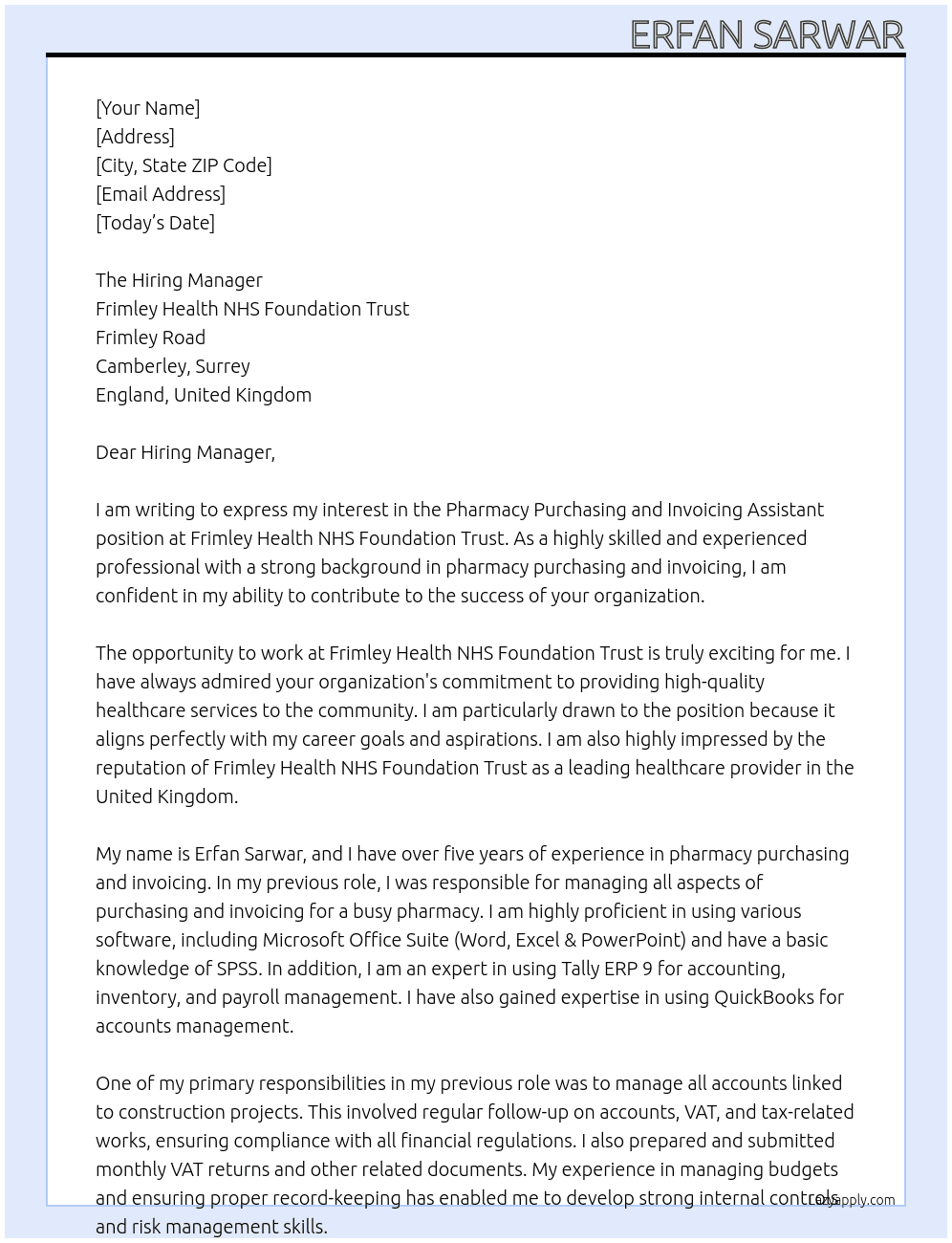 Pharmacy Purchasing and Invoicing Assistant At Frimley Health NHS Foundation Trust Cover Letter