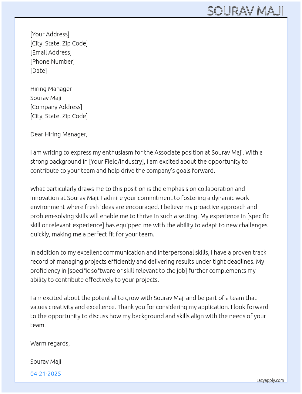 Associate At Sourav maji  Cover Letter