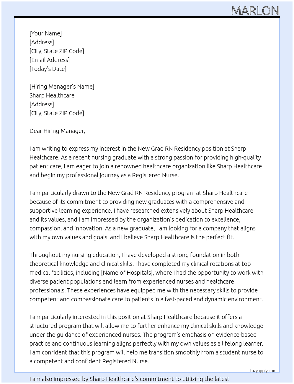 New Grad RN Residency At Sharp Healthcare Cover Letter