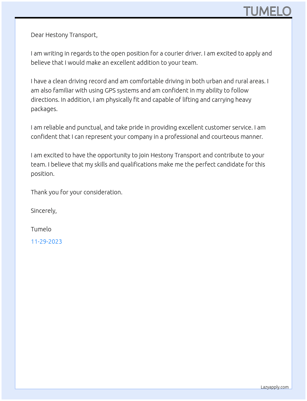 courier driver At Hestony Transport Cover Letter