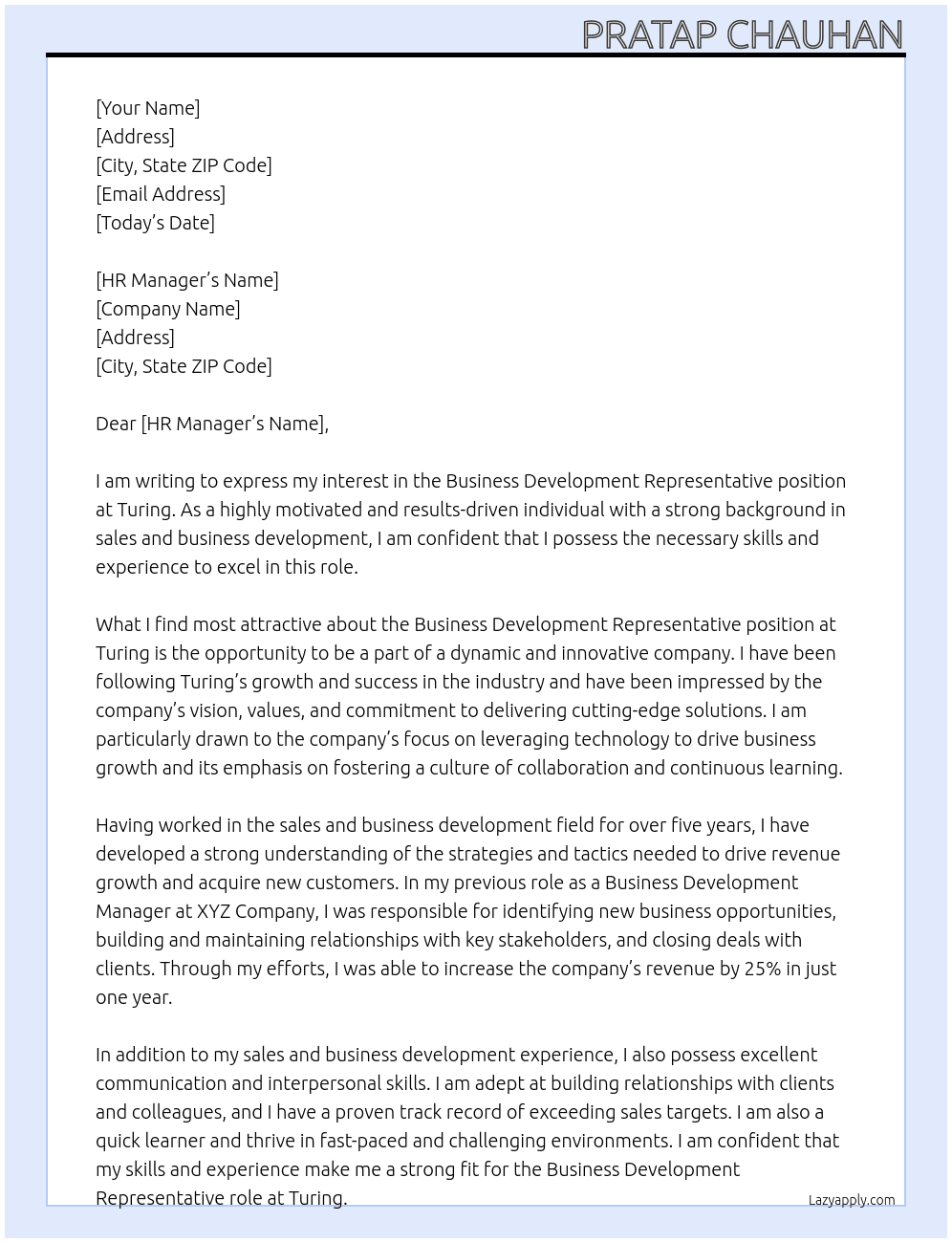 Business Development Representative At Turing Cover Letter
