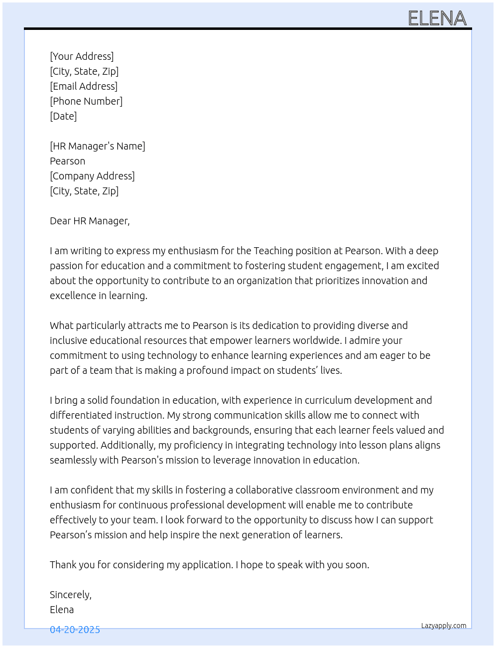 Teaching At Pearson Cover Letter