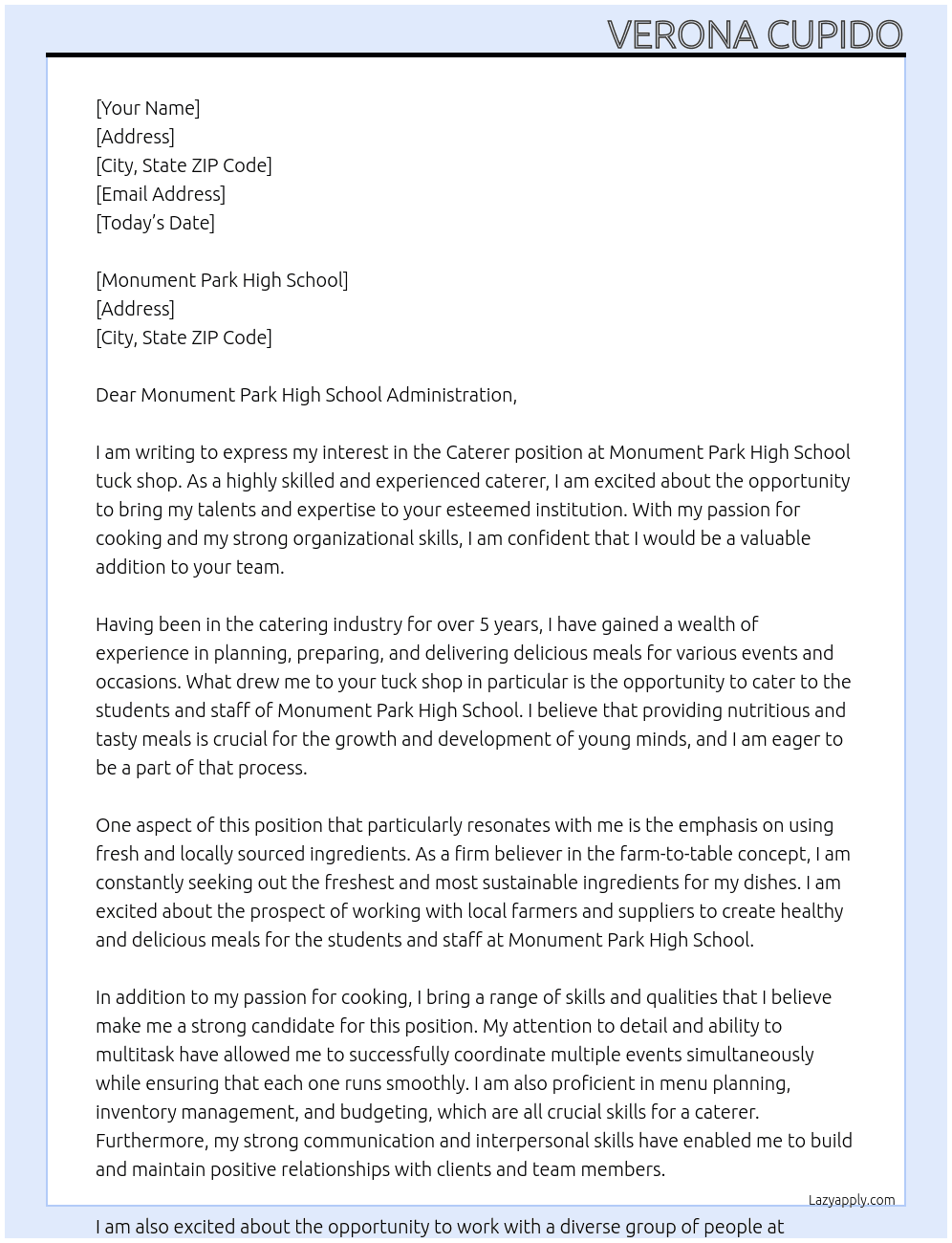 Caterer At Monument park High School tuck shop Cover Letter