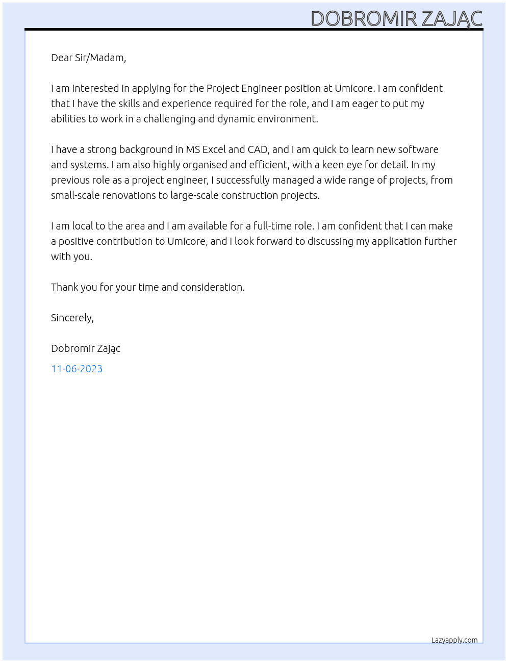 project engineer At Umicore Cover Letter