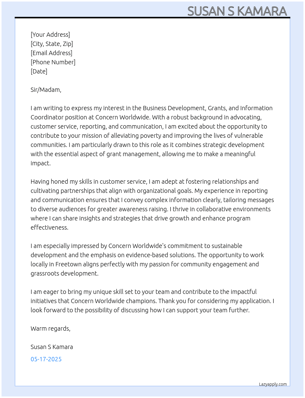 Business Development, Grants and information Coordinator At Concern world wide  Cover Letter
