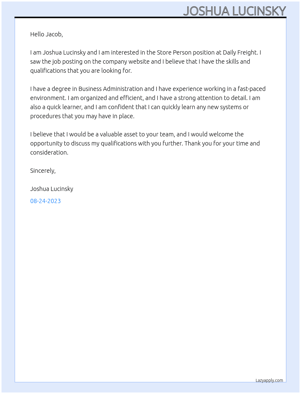 Store Person At Daily Freight Cover Letter