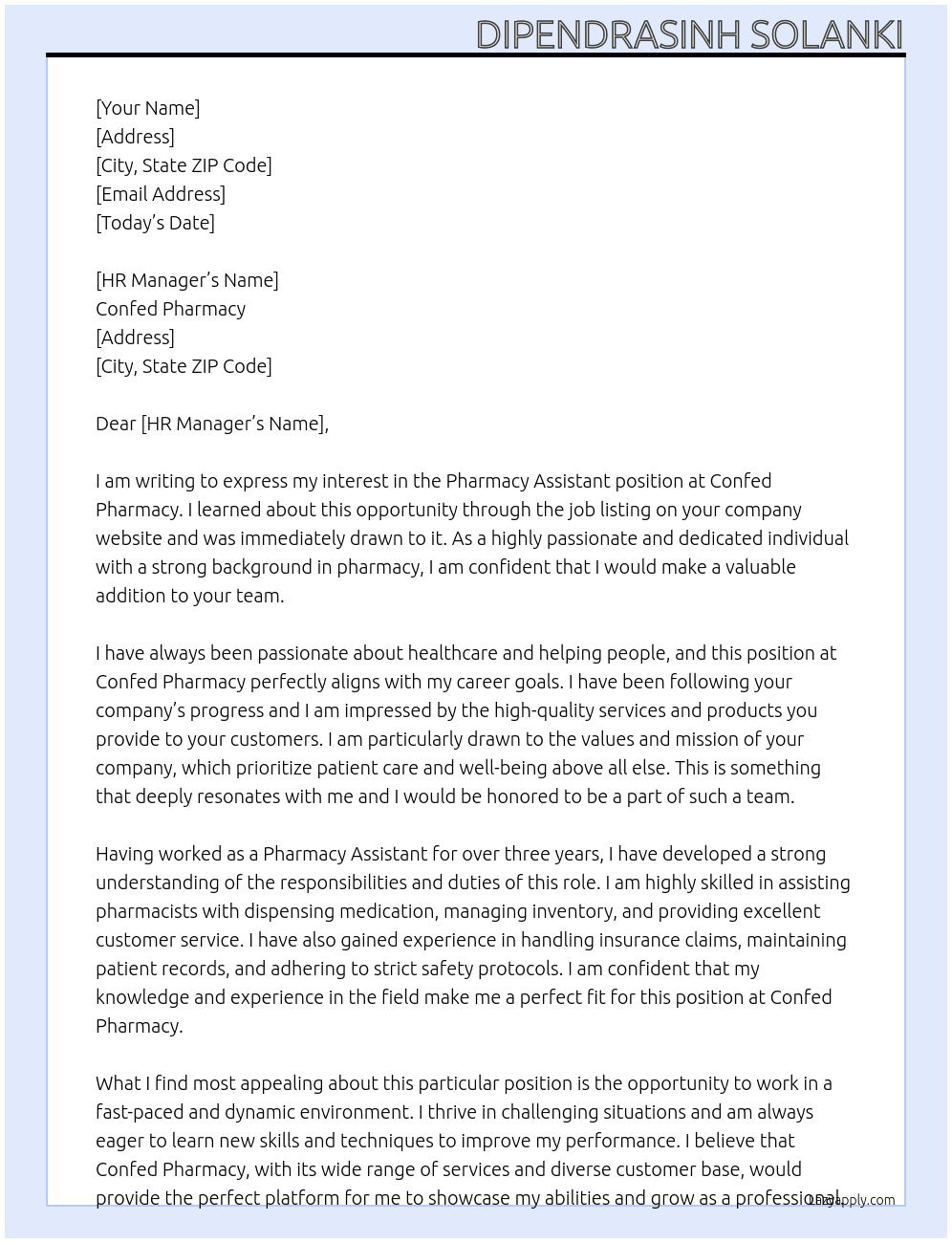 Pharmacy assistant At Confed Pharmacy Cover Letter