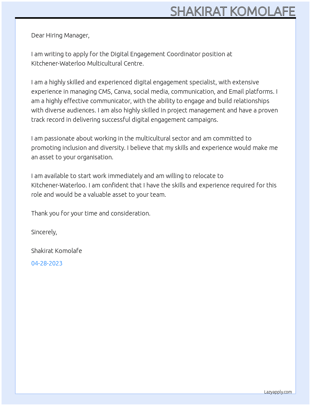 Digital ENgagement Coordinator At Kitchener-Waterloo Multicultural Centre Cover Letter