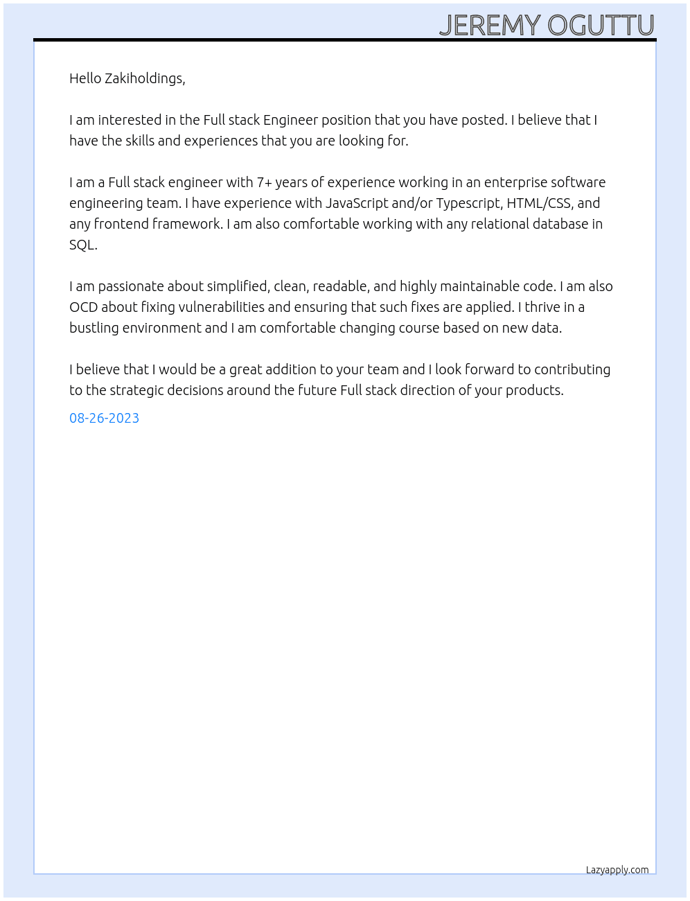 full stack engineer At zakiholdings Cover Letter