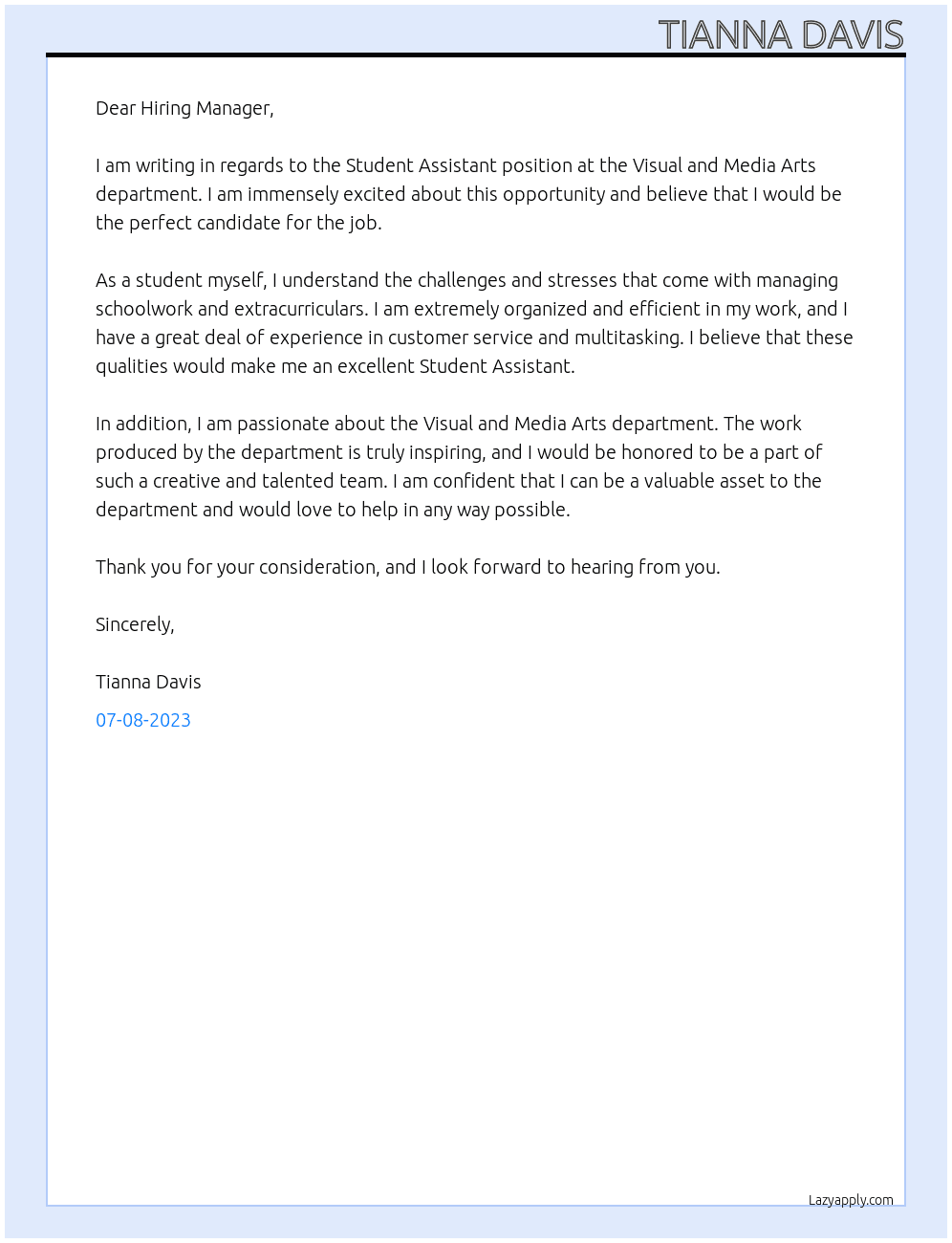 Student Assistant At Visual and Media Arts Cover Letter