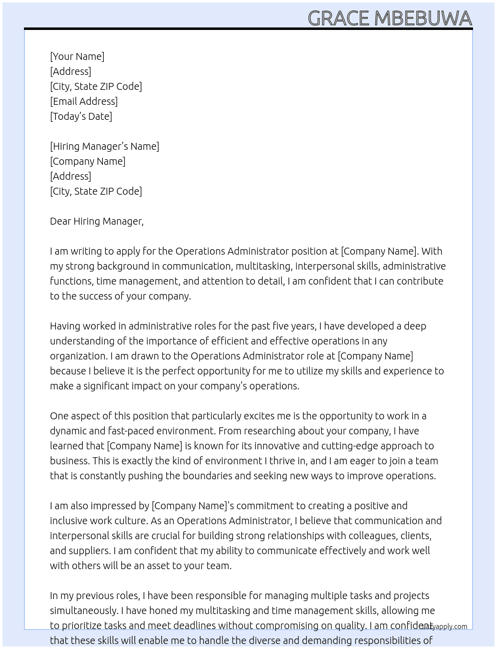 Operations Administrator  At NA Cover Letter