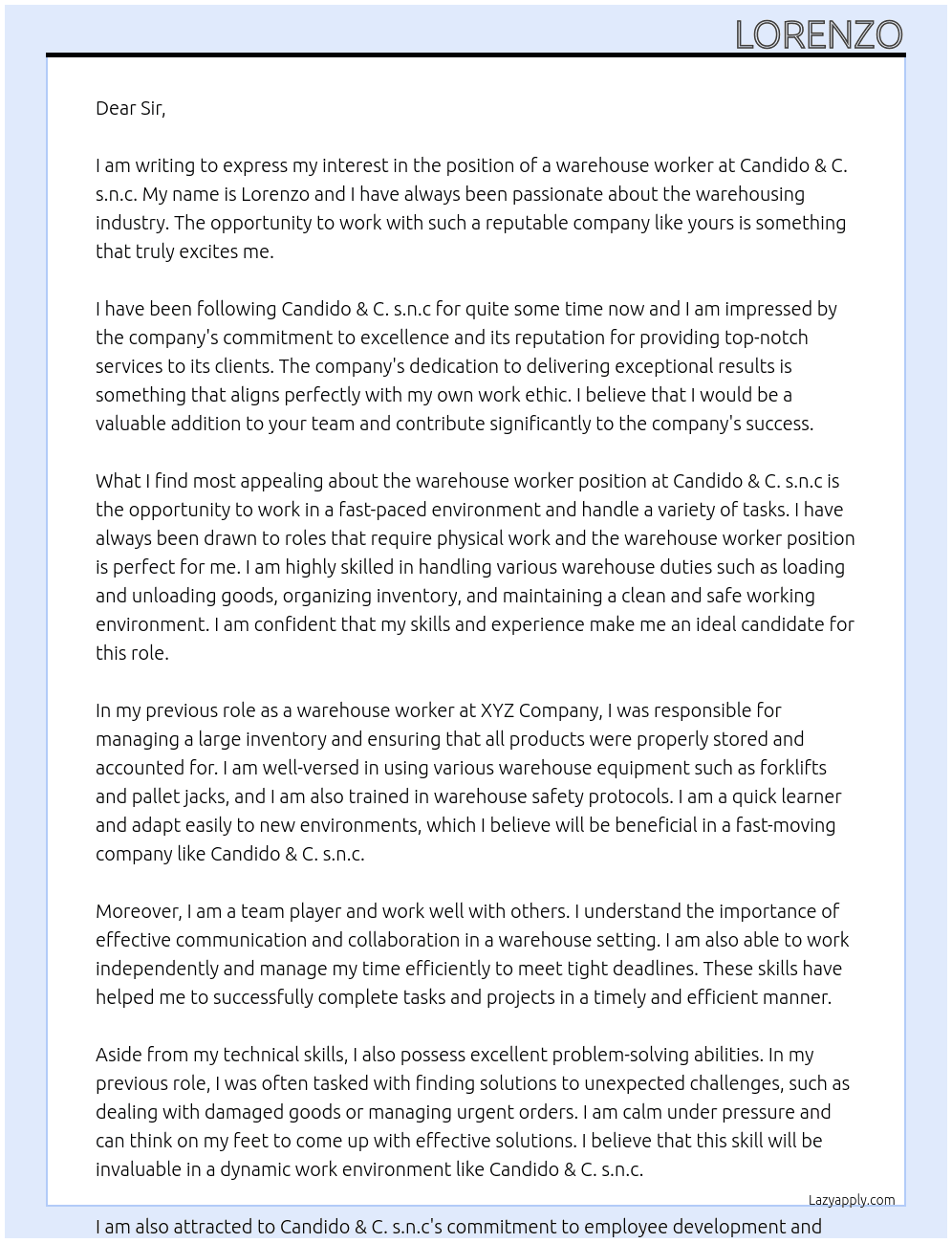 warehouse worker At Candido & C. s.n.c Cover Letter