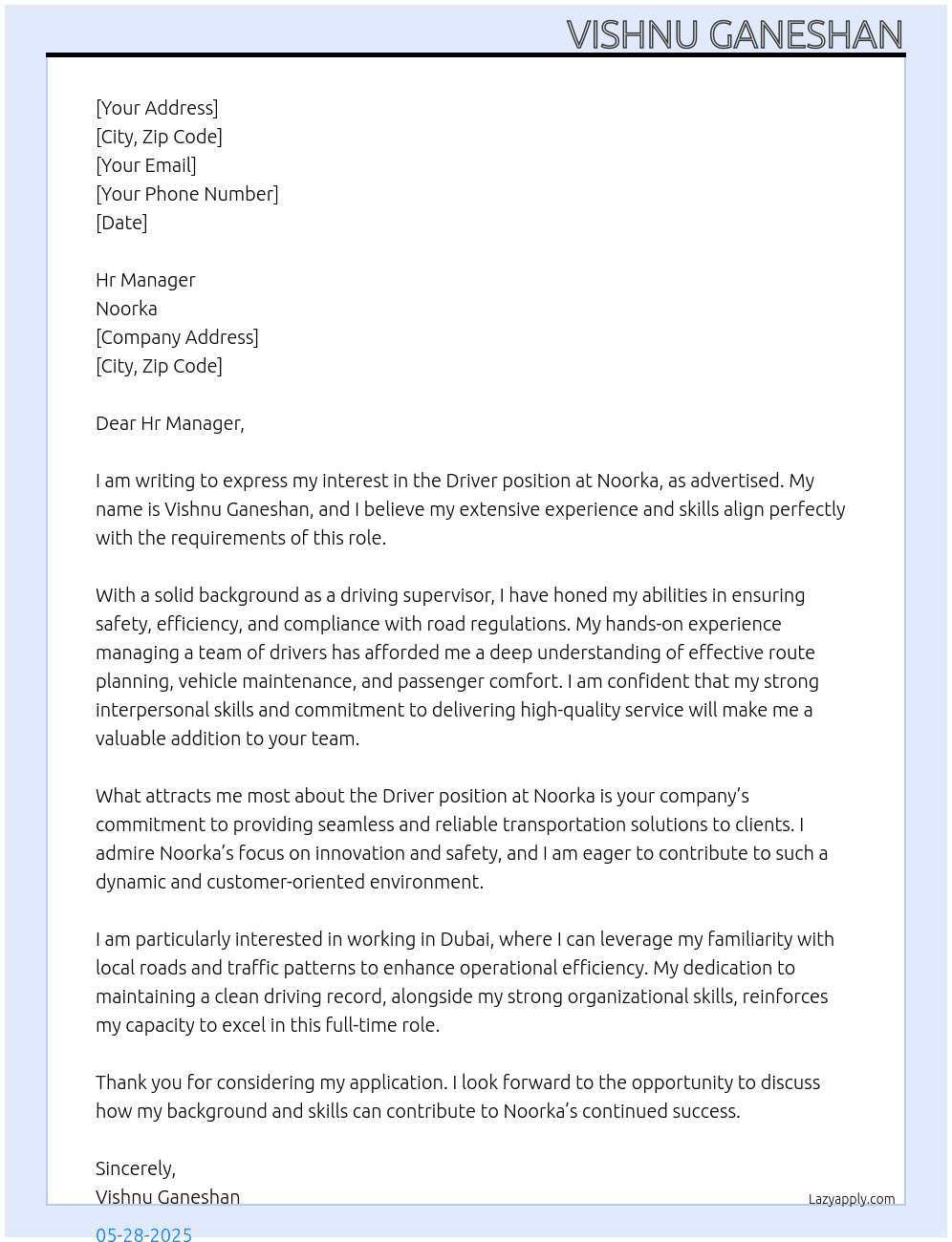Driver At Noorka Cover Letter