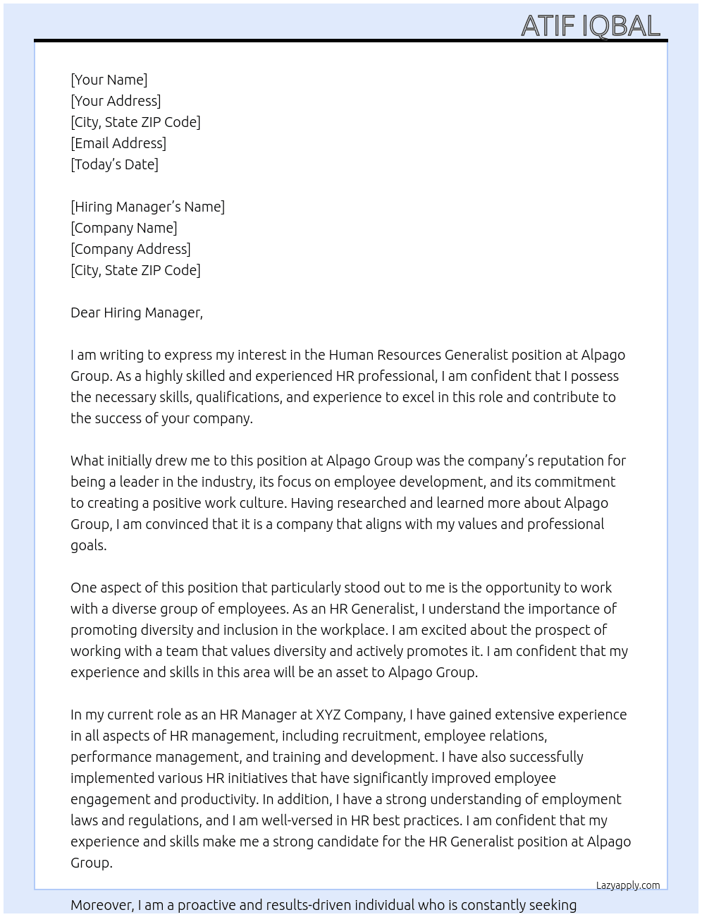 Human Resources Generalist  At Alpago Group  Cover Letter