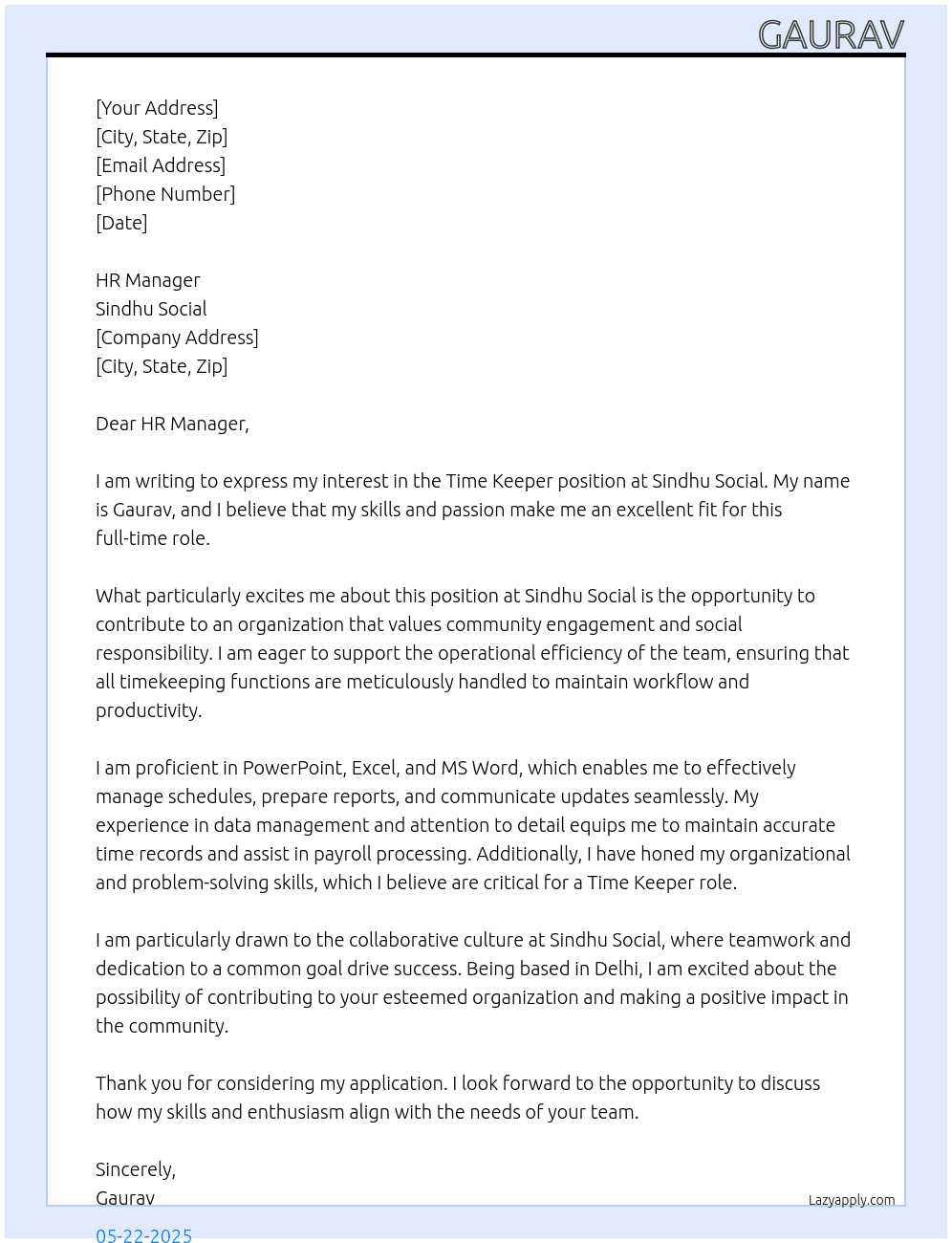 Time Keeper At SINDHU SOCIAL Cover Letter