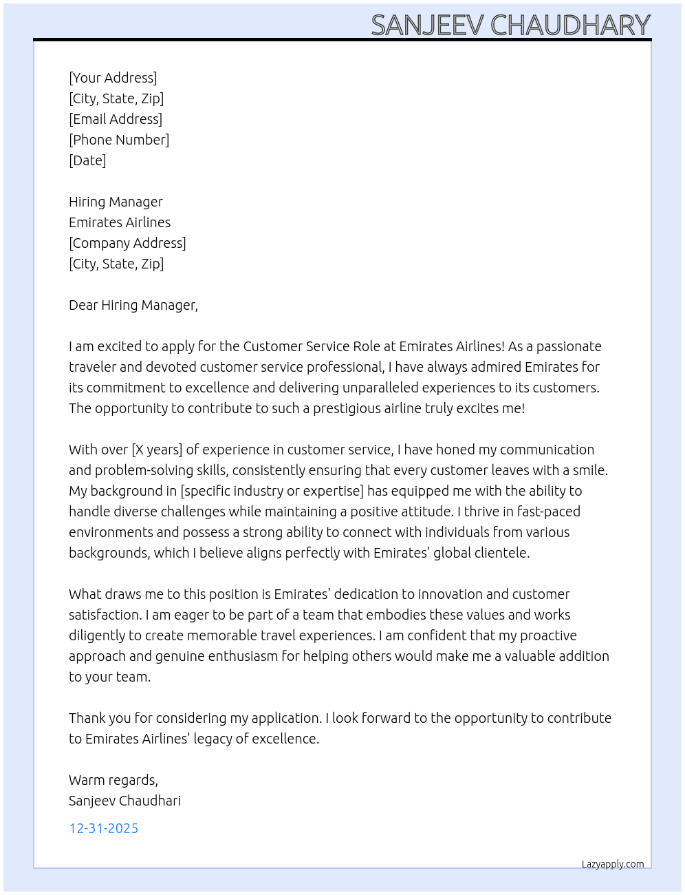 Customer Service Role At Emirates airlines  Cover Letter