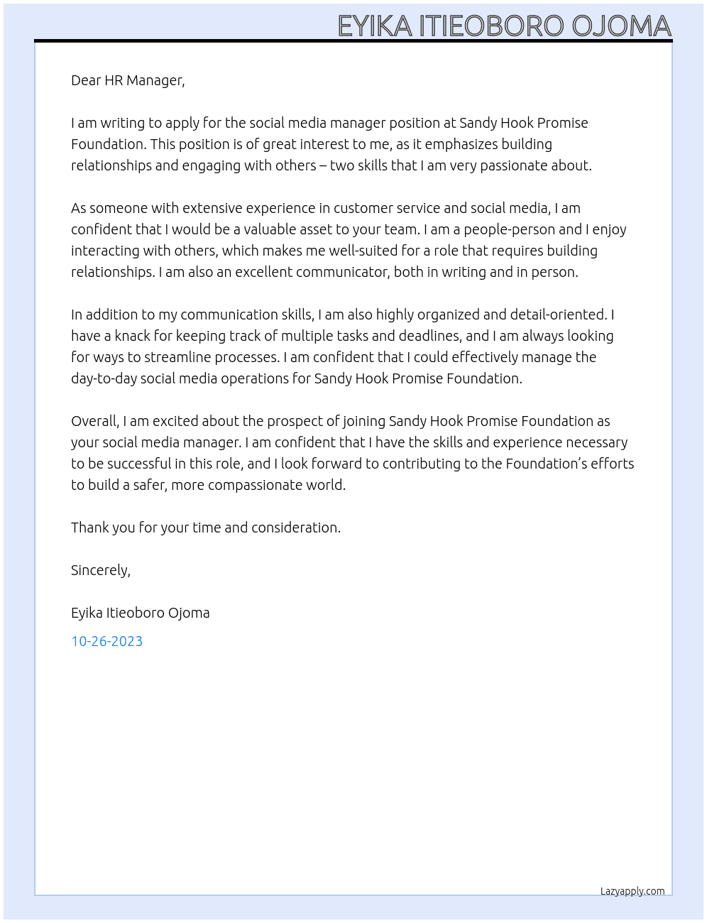 social media manager At SANDY HOOK PROMISE FOUNDATION Cover Letter