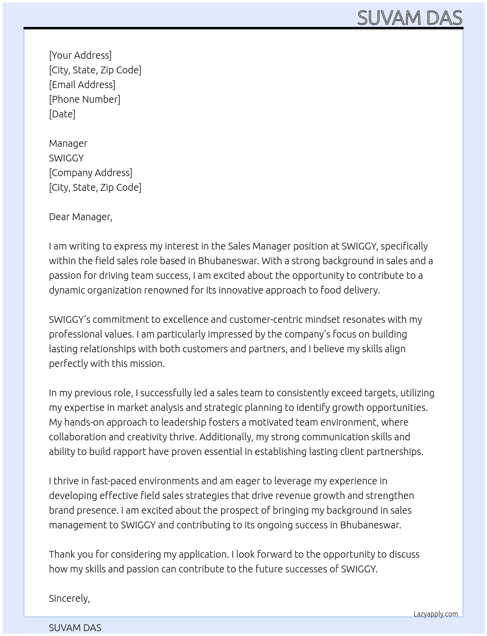 Sales manager  At SWIGGY  Cover Letter