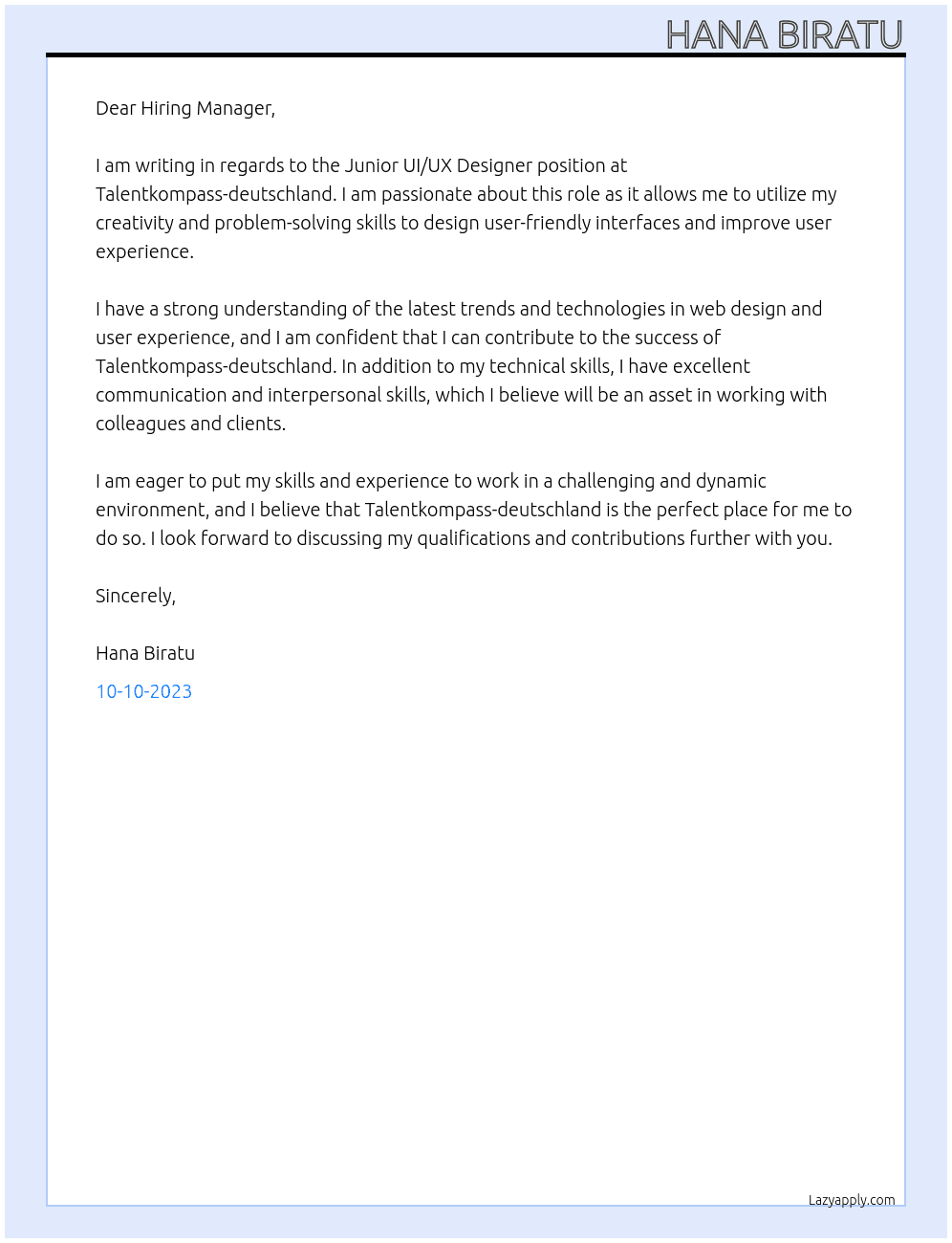 Junior UI/UX Designer At Talentkompass-deutschland Cover Letter