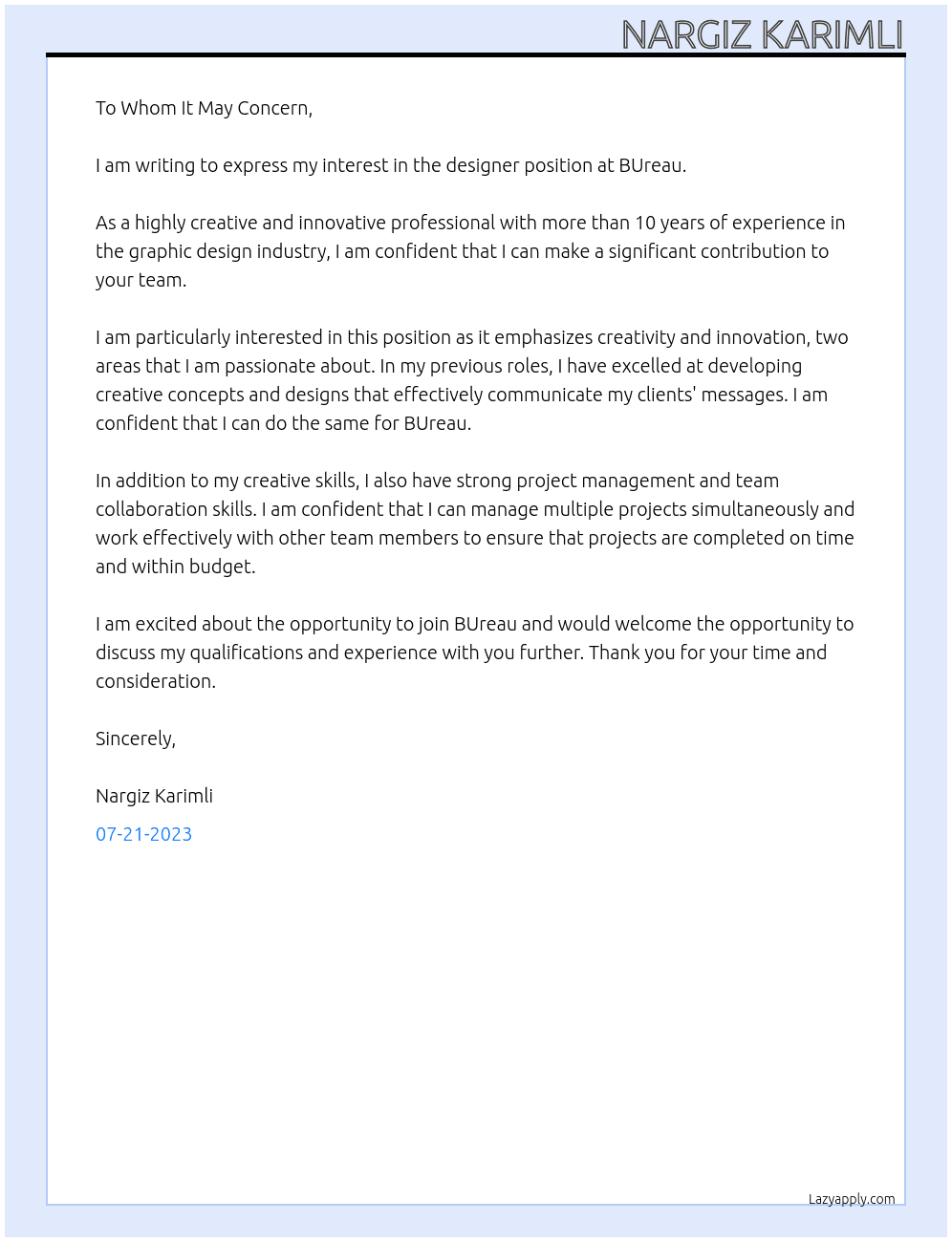 designer At BUreau Cover Letter