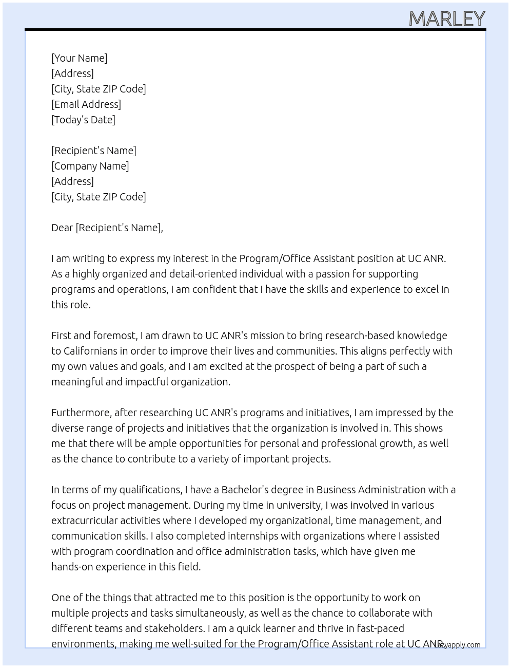 Program / Office Assistant At UC ANR Cover Letter