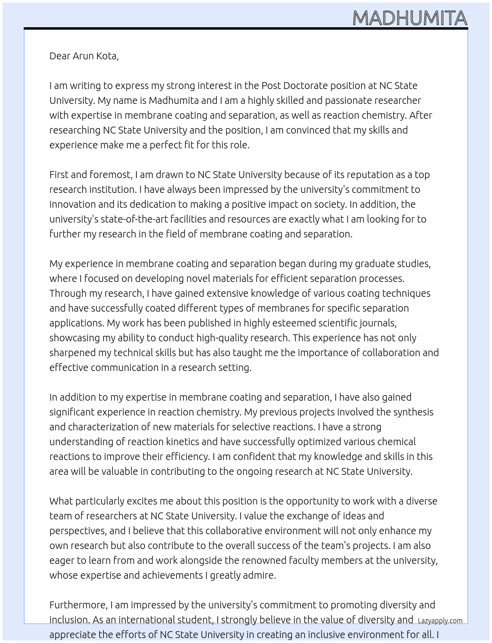 Post doctorate At NC State University Cover Letter