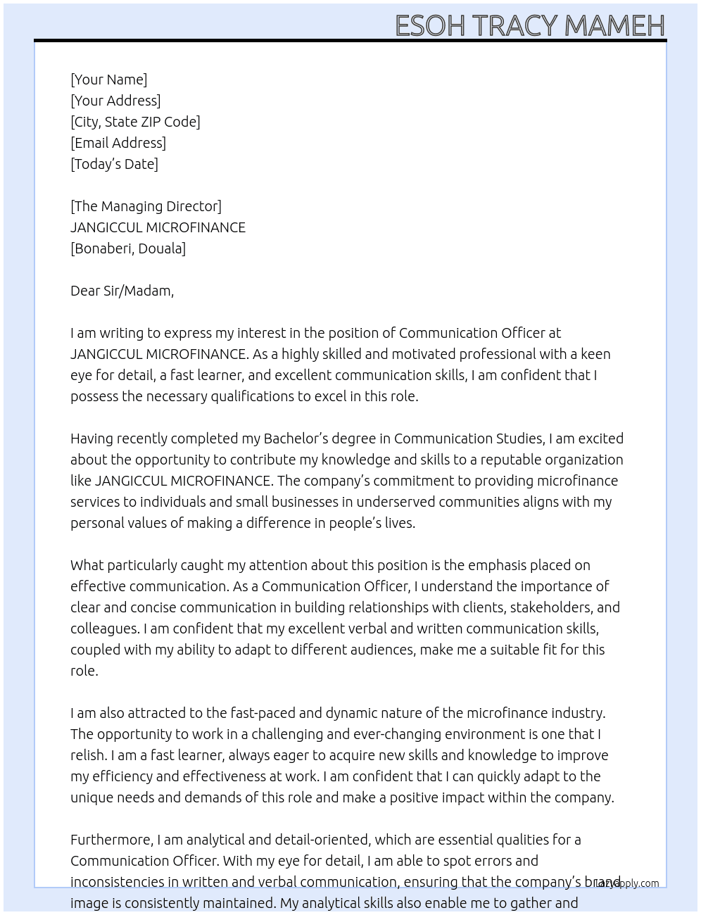 Communication Officer At JANGICCUL MICROFINANCE Cover Letter