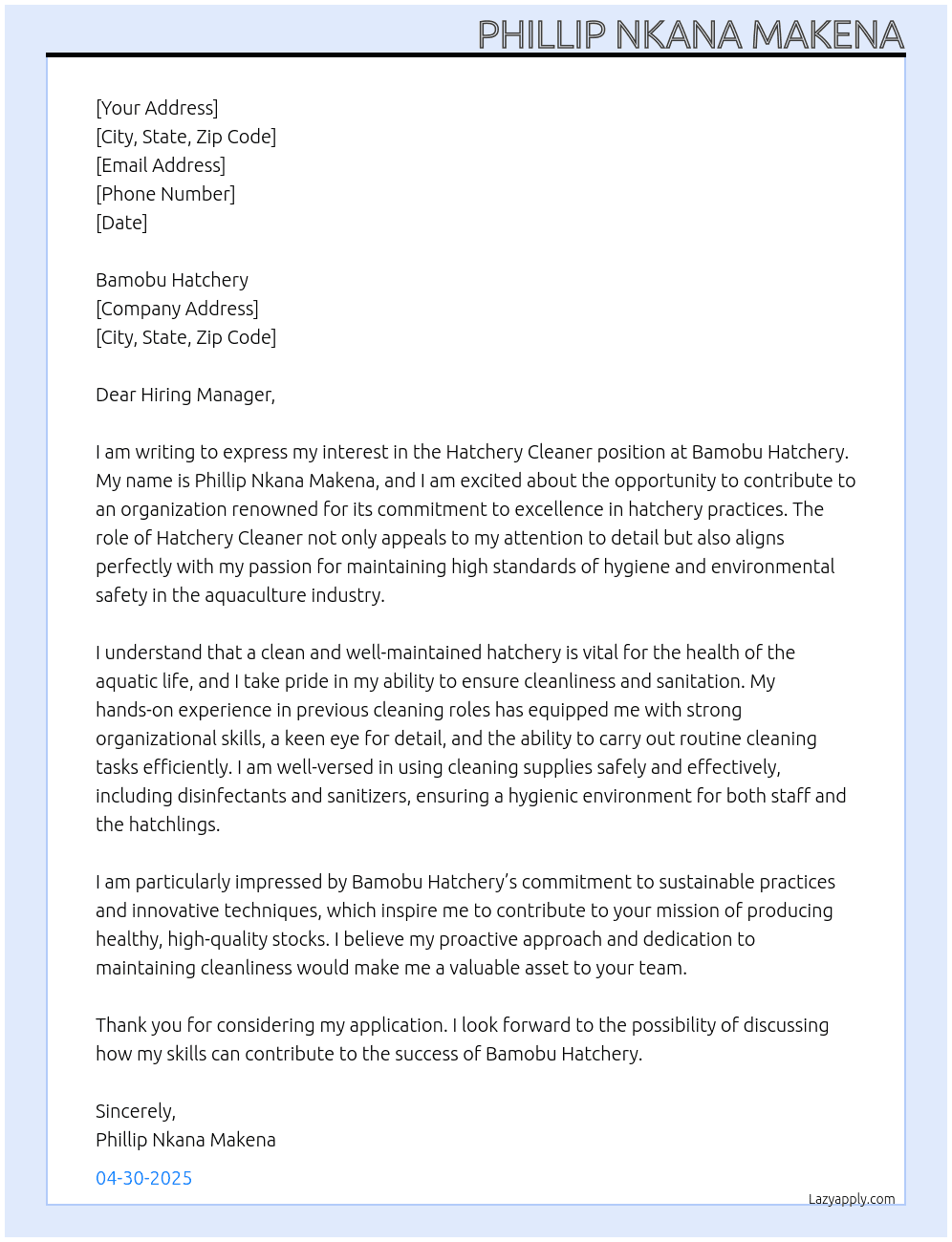 Hatchery Cleaner At Bamobu Hatchery  Cover Letter