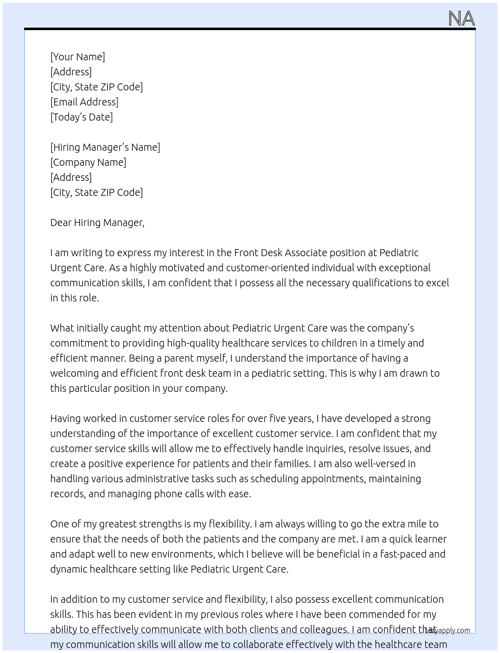 Front Desk Associate At Pediatric Urgent Care Cover Letter