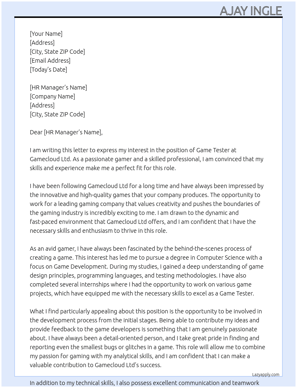 Game Tester  At Gamecloud ltd Cover Letter
