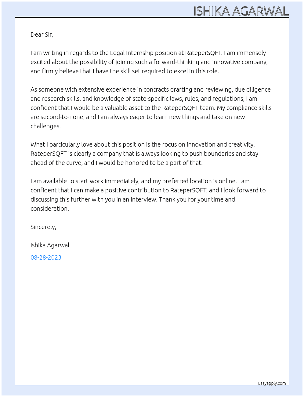Legal Internship At RateperSQFT Cover Letter